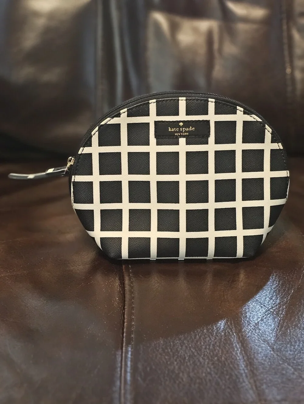 Kate Spade Millie Grove Pop Art Black & White Check Leather Cosmestic Pouch EUC